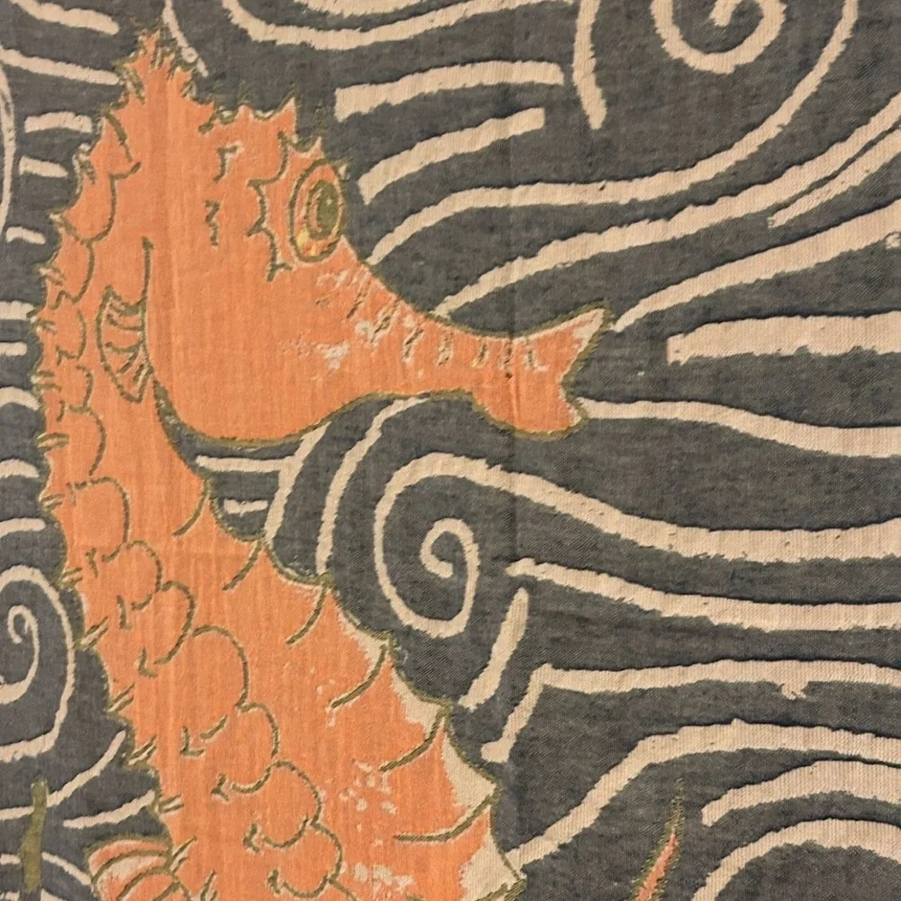 Seahorse Towel + Tapestry in Coral Orange Deep Blue + Lime Green Size 38” x 68”